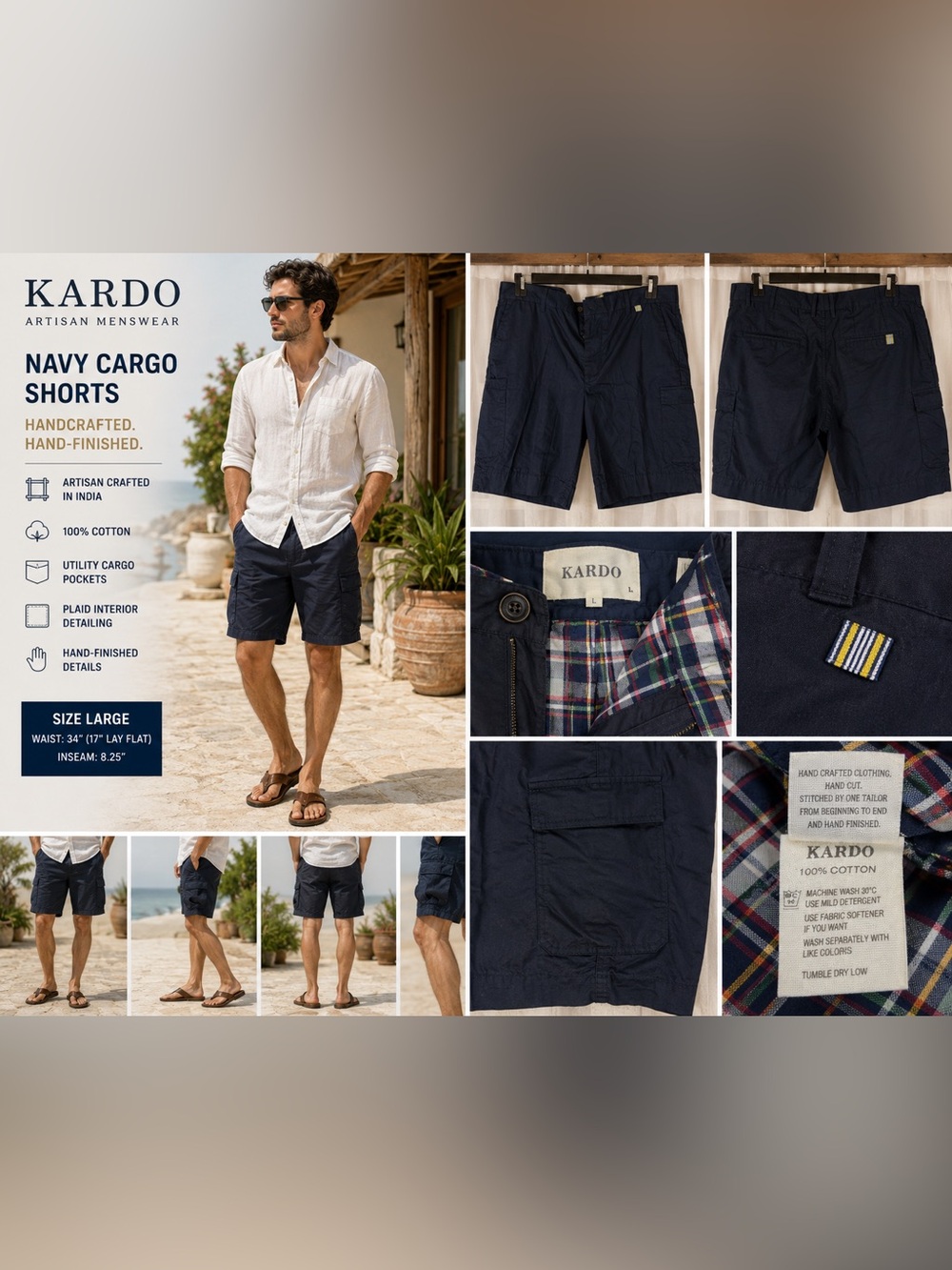 Kardo Men's Navy Cotton Cargo Shorts Large Handmade Artisan Casual Utility 34